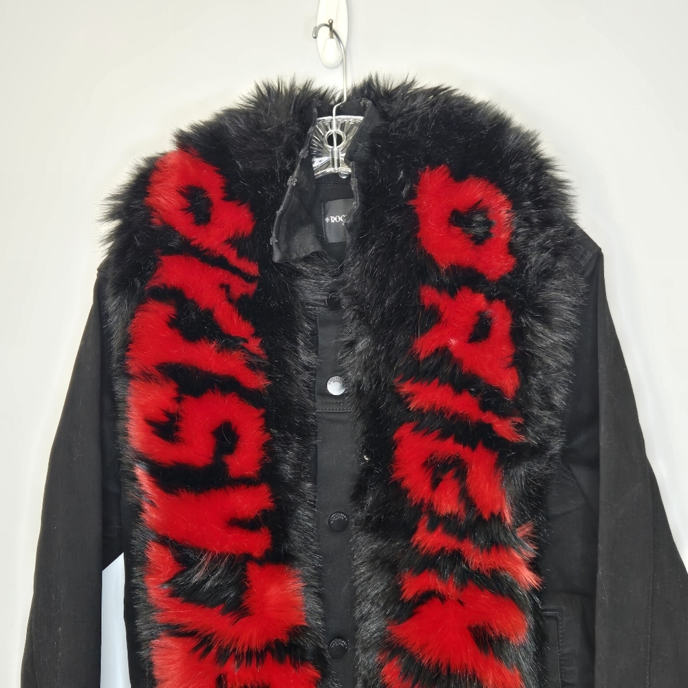 Rockstar‎ Original Denim Jacket Faux Fur Black Red Sz Small HARD TO FIND! RARE - Picture 3 of 11